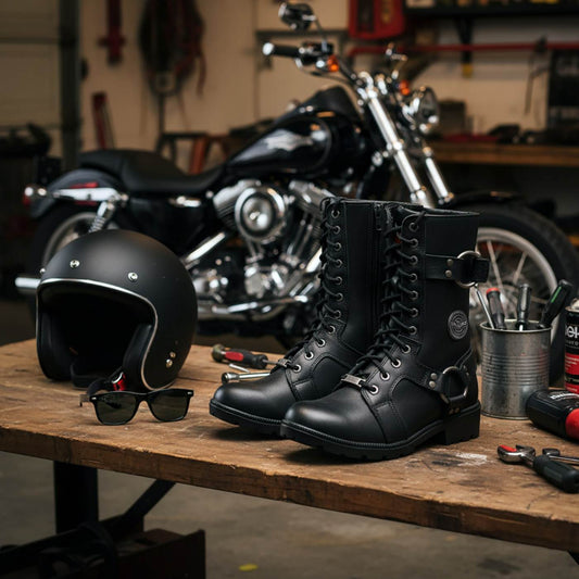 Milwaukee Leather Women's Premium Leather Motorcycle Riding Boots - Lace-To-Toe Harness - Zipper Closure - MBL9391
