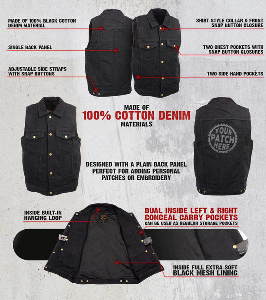 Milwaukee Leather Men's Outrider Black Denim Motorcycle Rider Vest with Shirt Collar - MDM3081