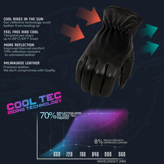 Milwaukee Leather MG7596 Men's Black Leather Motorcycle Rider Unlined Gloves w/ Cool-Tec Leather Treatement