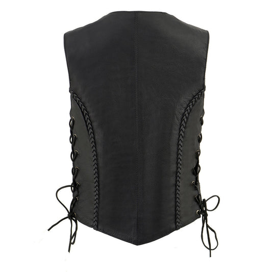 Milwaukee Leather ML1255 Women's Black Braided Premium Leather Side Lace Motorcycle Rider Vest