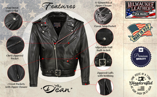 Milwaukee Leather USA MADE MLJKM5009 Men's Black The Dean Premium Leather Throwback Motorcycle Jacket