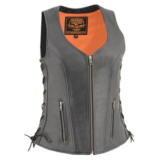 Milwaukee Leather MLL4532 Women's Side Laced Premium Black Leather Motorcycle Rider Vest w/ Cool-Tec Leather Treatement