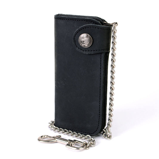 Milwaukee Leather MLW7828 Men's 7" Leather Bi-Fold Biker Wallet w/ Anti-Theft Stainless Steel Chain and Buffalo Nickel Snap