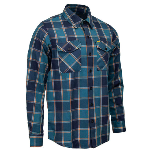 MMCC The Kraken Men's Blue Teal Orange Plaid Flannel Shirt - 100% Cotton Long Sleeve Button-Up - MMC11600