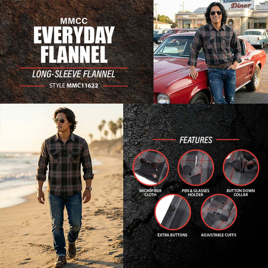 MMCC Blackout Men's Black Gray Red Plaid Flannel Shirt - 100% Cotton Long Sleeve Button-Up - MMC11622