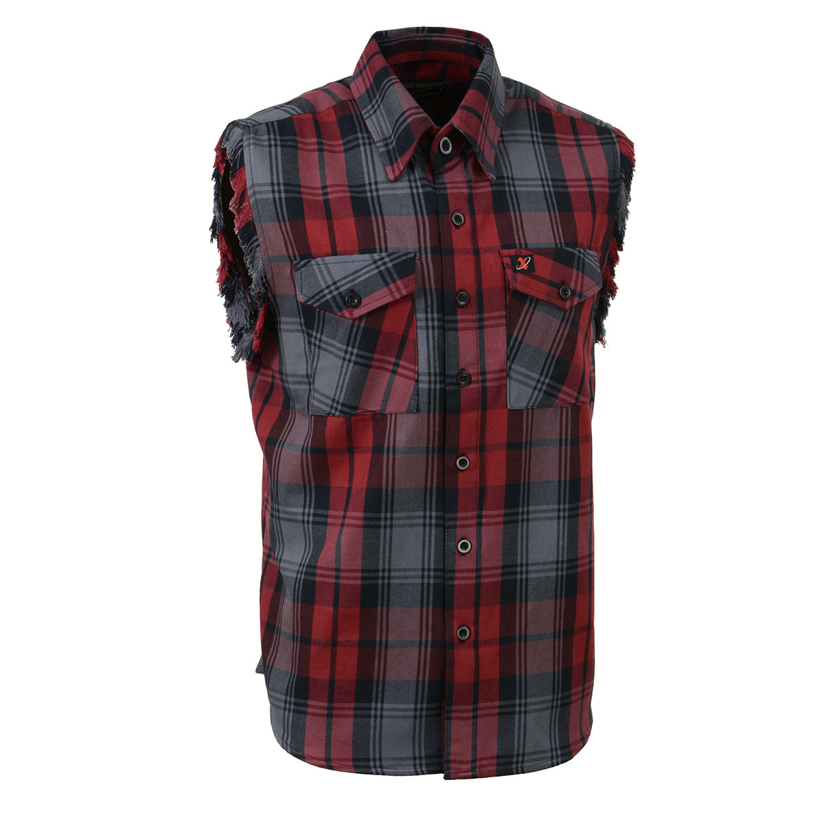 Milwaukee Leather MNG11696 Mens Classic Black and Grey with Red Button-Down Flannel Cut Off Frayed Sleeveless Casual Shirt - Black / 3X-Large