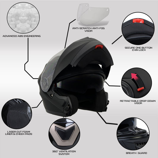 Milwaukee Performance Helmets MPH9803DOT Ionized Matte Black Advanced Modular Motorcycle Helmet w/ Drop Down Visor