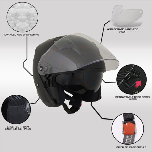 Milwaukee Performance Helmets MPH9805DOT Shift Open Face 3/4 Matte Black Helmet Biker w/ Drop Down Visor