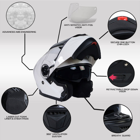 Milwaukee Helmets MPH9816DOT Breeze White Advanced Motorcycle Modular Helmet Biker w/ Drop Down Visor