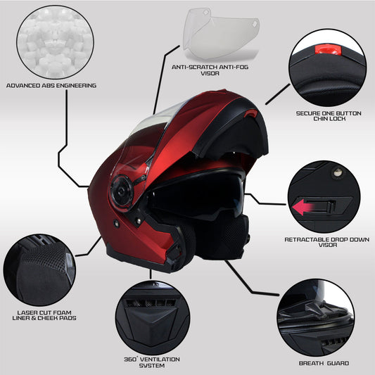 Milwaukee Helmets MPH9817DOT Breeze Red Advanced Motorcycle Modular Helmet Biker w/ Drop Down Visor