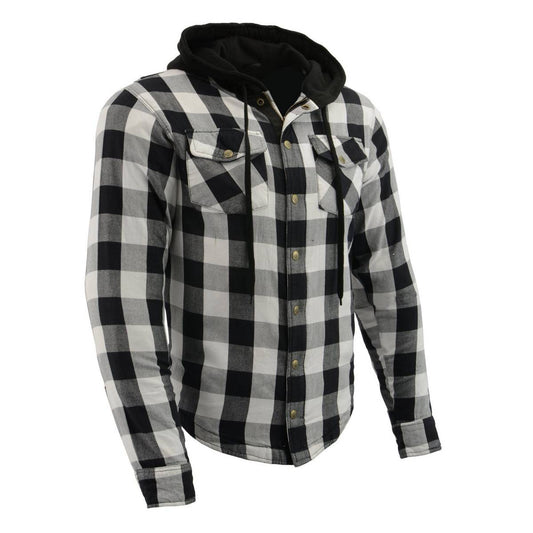 Milwaukee Leather Men’s Othello Black & White Plaid Hooded Riding Shirt w/ CE Armor & Aramid Fiber Panels - MPM1629