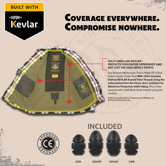 Milwaukee Leather MPM1635 Men’s Armored Riding Flannel – Full Aramid Fiber Lined, CE Shoulder/Elbow Armor