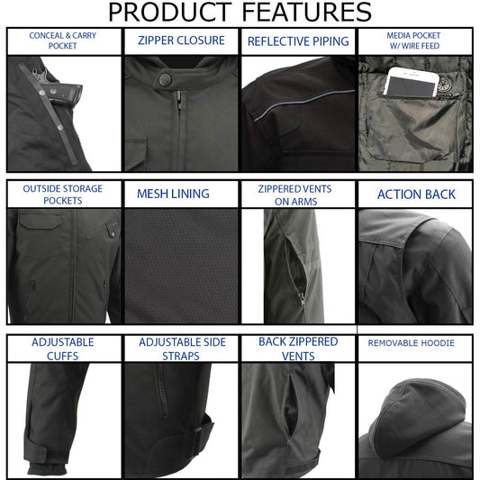 Milwaukee Leather Men's Requiem Mesh and 1300D Nylon Motorcycle Jacket with CE Armor, Removable Hoodie - MPM17018