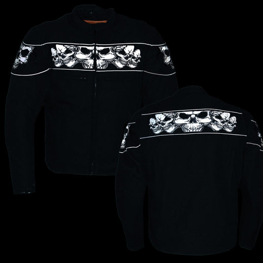 Milwaukee Leather MPM1730 Men's Black Padded Textile All Season Motorcycle Jacket w/ Reflective Skulls Artwork