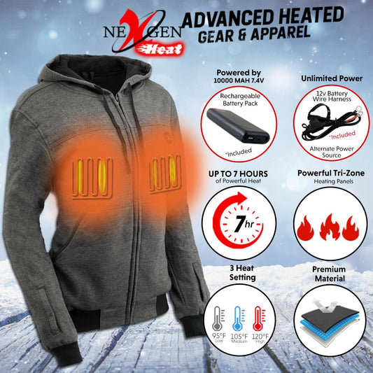 Nexgen Heat NXL2717DUAL Tech Women's Grey Heated Jacket Sweatshirt Hoodie for Winter Cold Weather