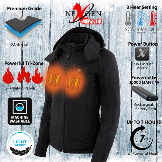 Nexgen Heat MPL2767SET Women's Black 'Heated' Soft Shell Jacket with Detachable Hood for Riding Hiking Winter Outdoor Activities