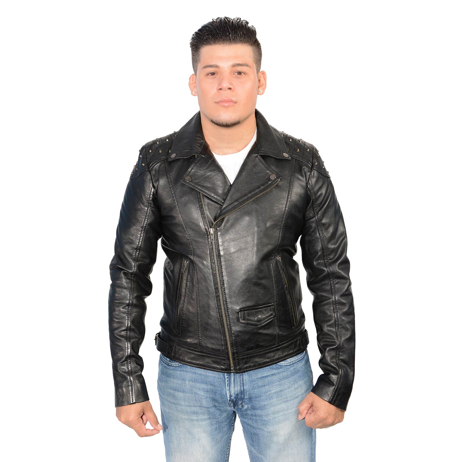 Milwaukee Leather SFM1855 Men's Black Brown Leather Moto Racer Jacket With Throat Latch - View #9