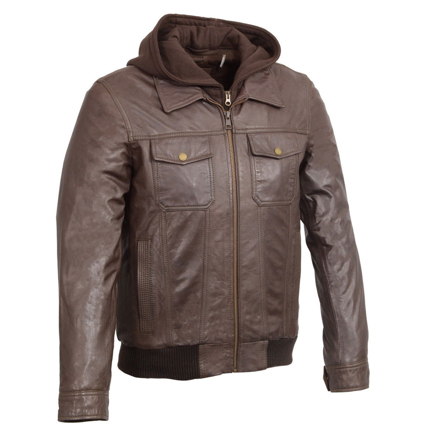 Wilsons Leather SH3353 Men's Brown Leather Zipper Front Bomber Jacket with Zip Off Hoodie