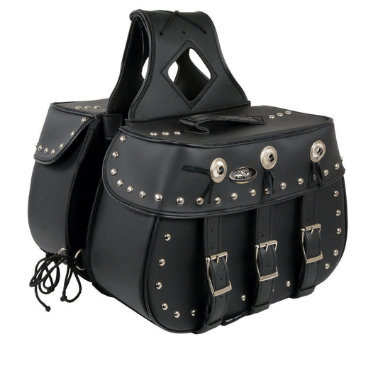 Milwaukee Leather SH652ZB Black Zip-Off Triple Buckle PVC Throw Over Motorcycle Saddlebags with Studs (18X11X7X19)