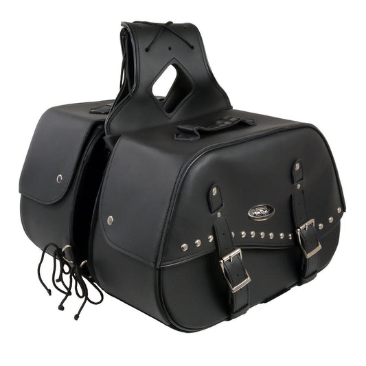 Milwaukee Leather SH655ZB Black Zip-Off Two Buckle Extended Lid Studded PVC Throw Over Motorcycle Saddlebags (19X12X7X20)
