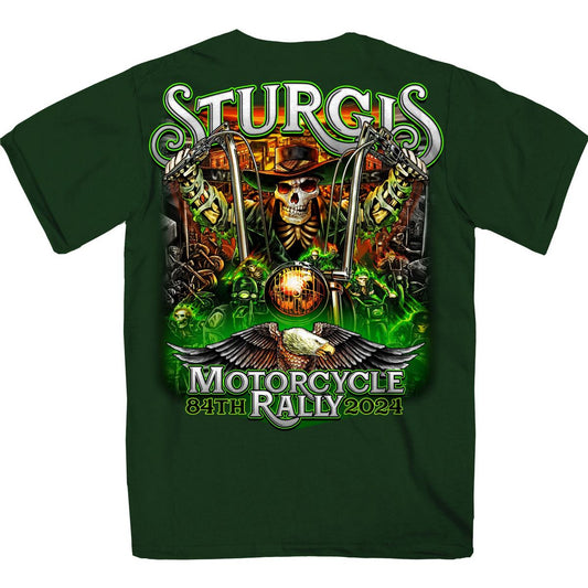 2024 Sturgis #1 Men's Design Eagle & Skull Green Motorcycle Rally T-Shirt SPB1138