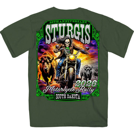 2026 Sturgis Motorcycle Rally Skull Chaser Numone Men's Military Green T-Shirt - SPB1232