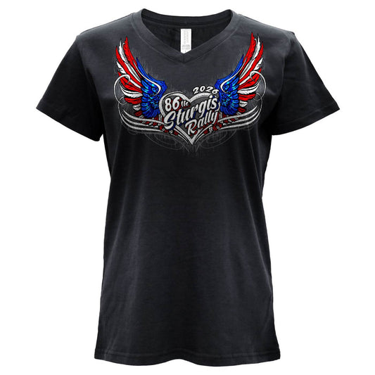 2026 Ladies Sturgis Motorcycle Rally Flag Heart Wings Black Short Sleeve V-Neck T-Shirt - SPL1943