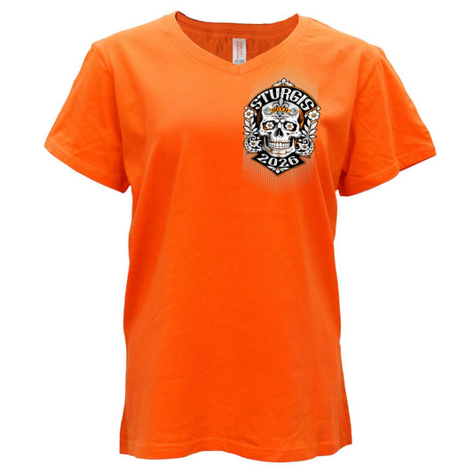 2026 Ladies Sturgis Motorcycle Rally Sugar Skull Orange Short Sleeve V-Neck T-Shirt - SPL1950