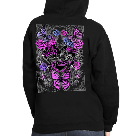 2026 Ladies Sturgis Motorcycle Rally Butterflies and Roses Black Zip-Up Hoodie - SPL4891