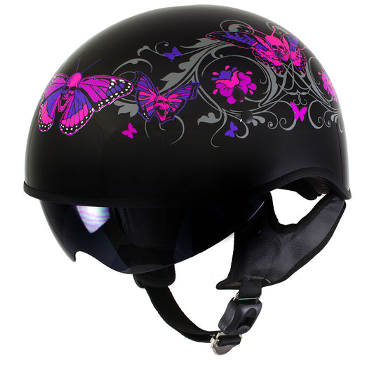 Milwaukee Helmets T72 Gloss Black Pink Butterflies Advanced DOT Helmet w/ Drop Down Visor