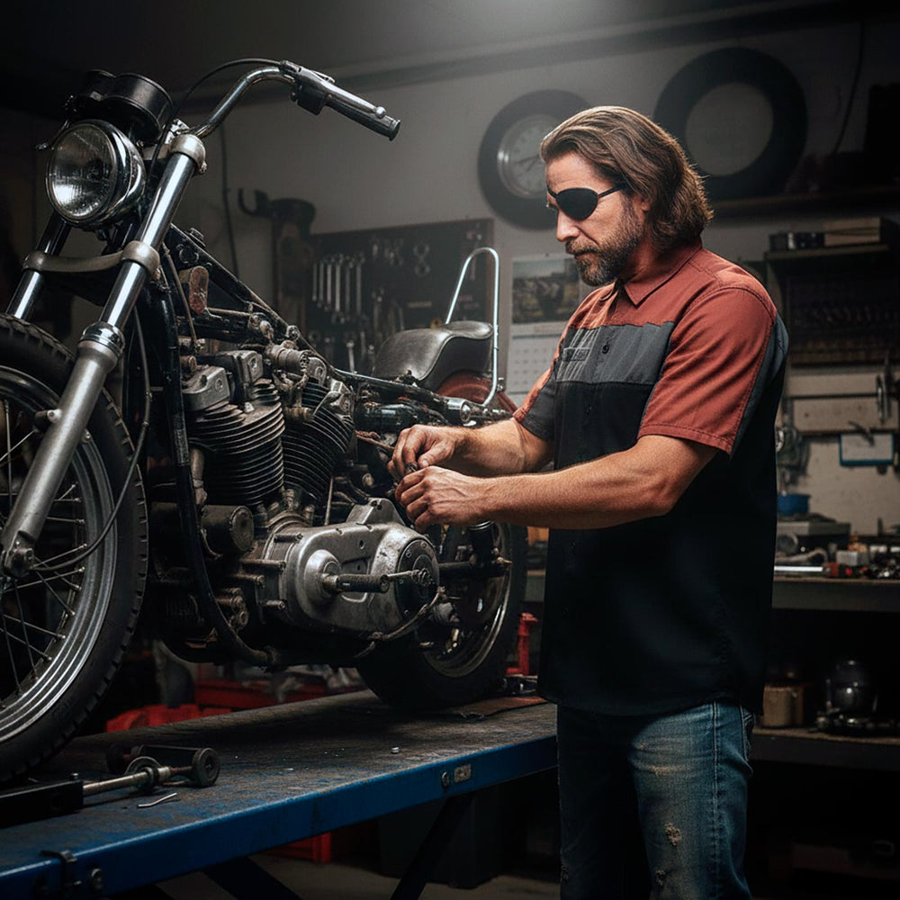 MMCC Men's Pit Stop Classic Mechanic Button Up Shirt - Dual Chest Pockets - Microfiber Panel - Rider Ready - MMC16009