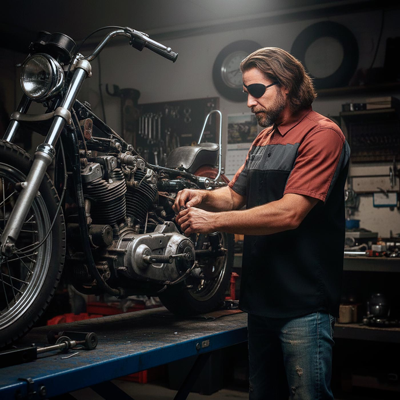 MMCC Men's Pit Stop Mechanic Button Up Shop Shirt, Reflective Strip, 2-Chest Pockets - Black-Grey-Orange - MMC16009