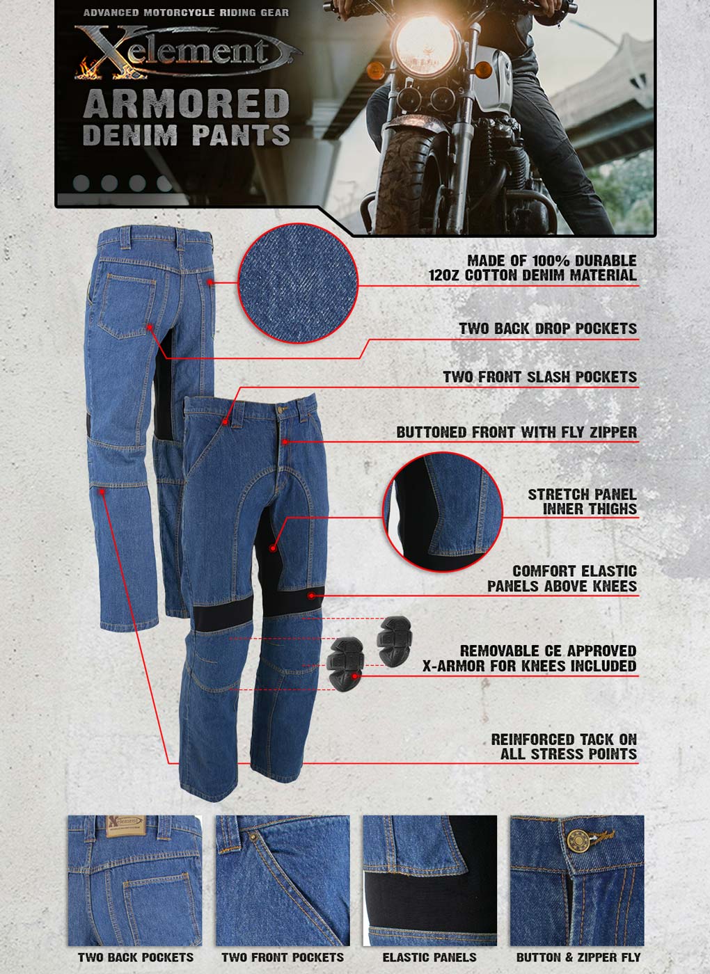 Xelement 055029 Men's Classic Fit Blue Denim Motorcycle Racing Pants with X-Armor Protection