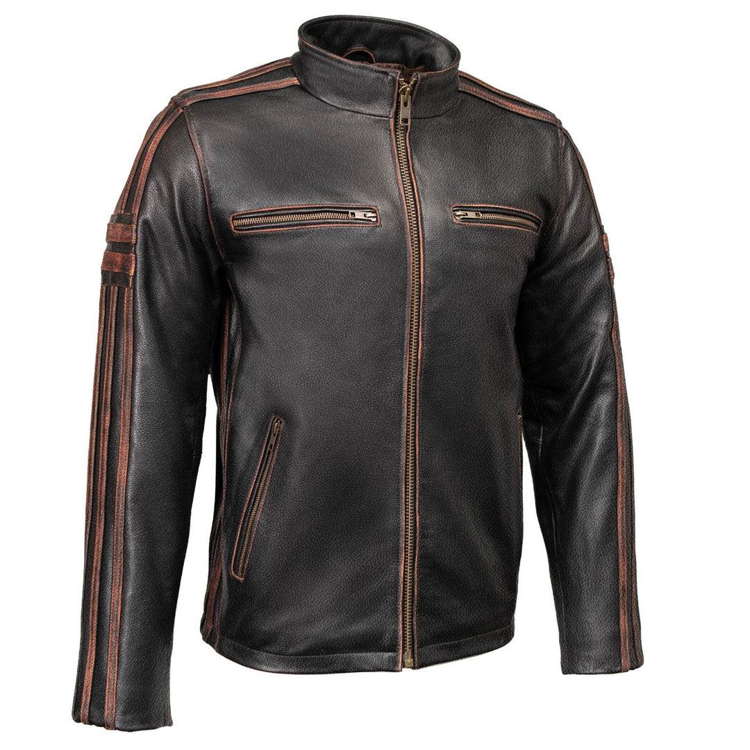 Milwaukee Leather Men’s Copperline Black Leather Moto Café Racer Jacket, Stand Collar, 6 Pockets - SFM1816
