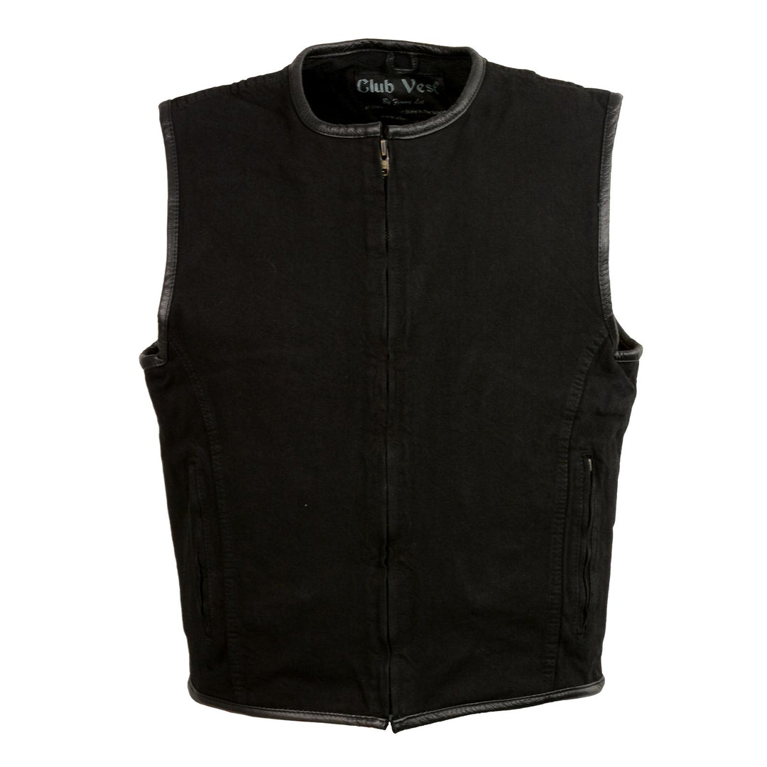 Club Vest CVM3038 Men's Black Denim Collarless Motorcycle Club Style Vest with Leather Trim