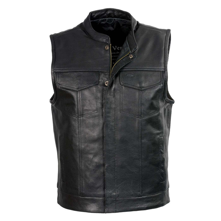 Club Vest CVM3710 Men’s Leather Black Open Neck Vest with Snap and Zip Front Closure