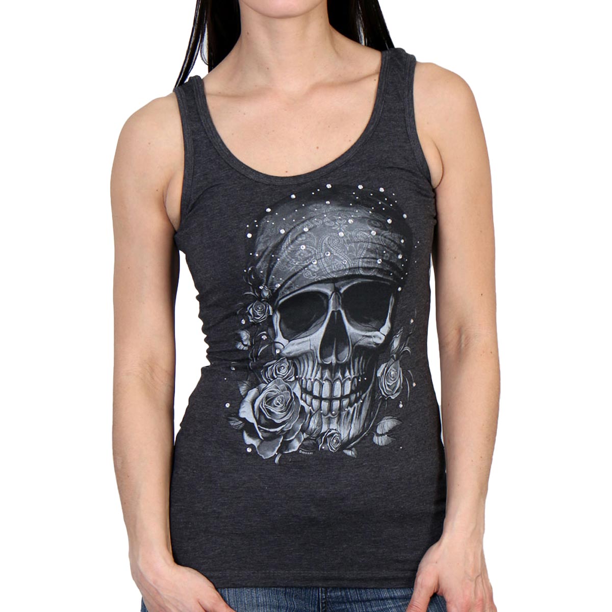 Hot Leathers GLC2378 Skull Bandana Tank Top Shirt with Rhinestones in Heather Charcoal Color