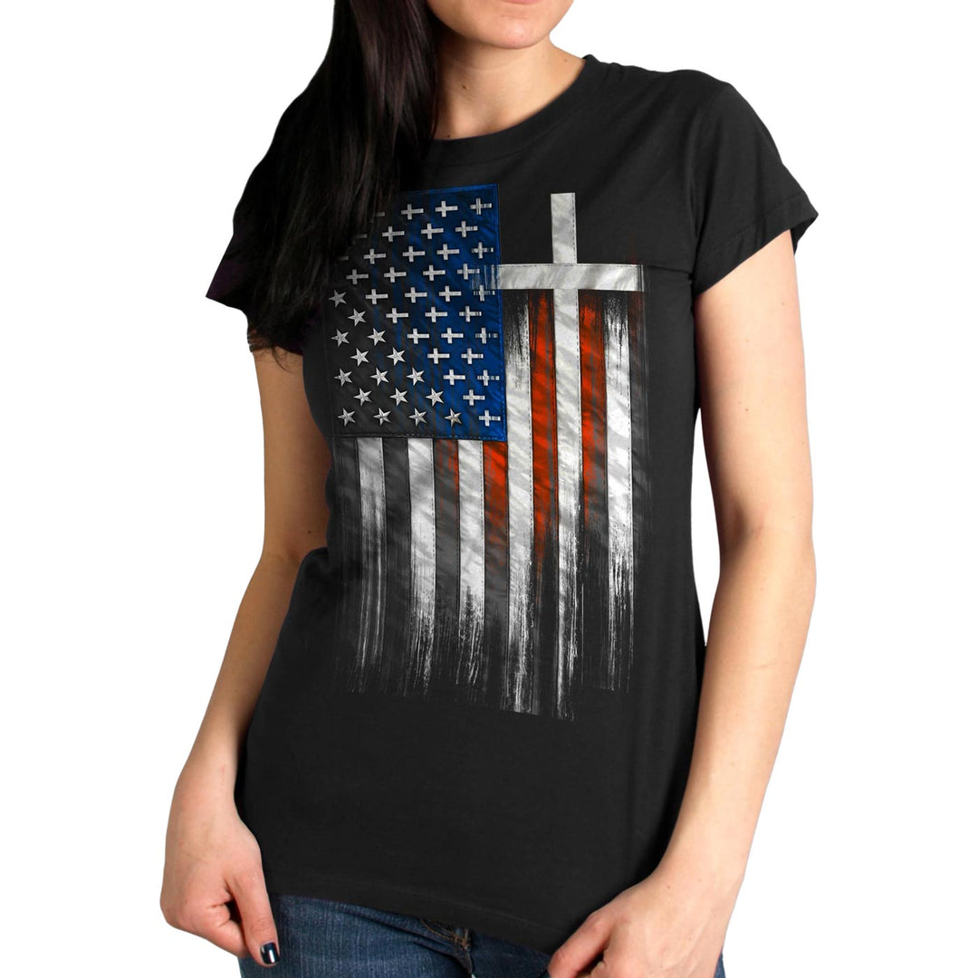 Hot Leathers GLR1520 American Flag Crosses Ladies Black T-Shirt