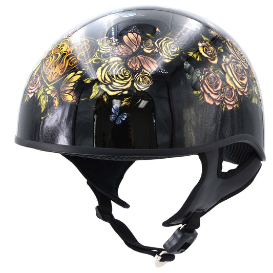 Hot Leathers HLD1034 Butterfly Lock Gloss Black Motorcycle DOT Approved Skull Cap Half Biker Helmet