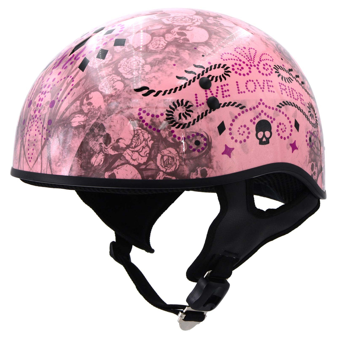 Hot Leathers HLD1048 Live, Love Ride Gloss Pink Motorcycle DOT Approved Skull Cap Half Biker Helmet