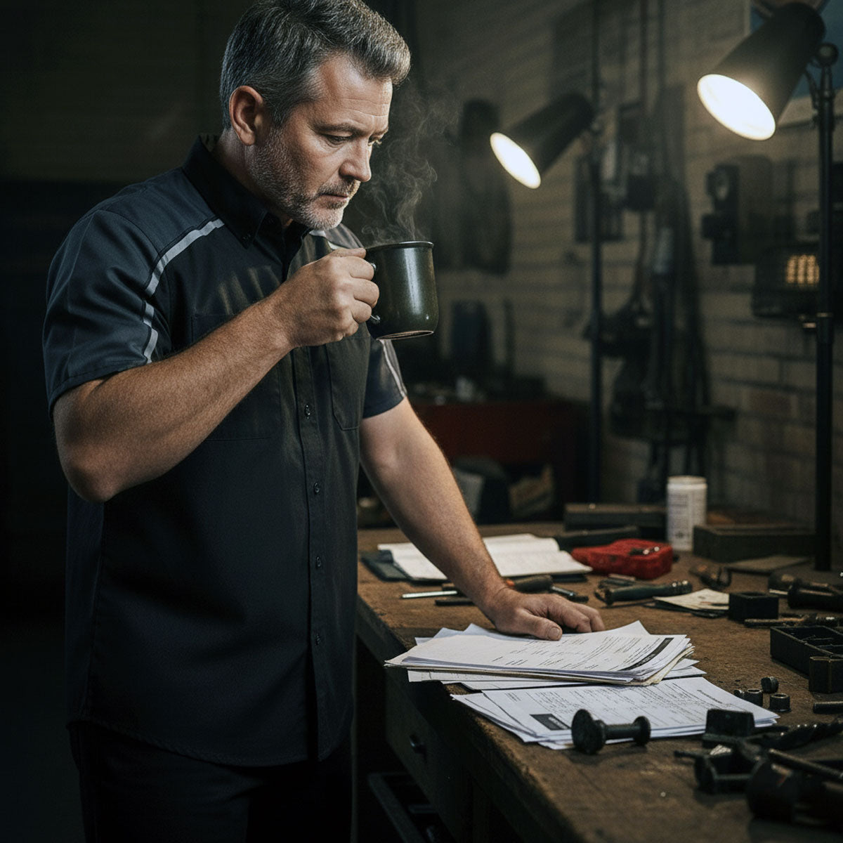 Milwaukee Motorcycle Clothing Co. Men’s Blk/Grey Mechanic Work Shirt – w / Reflective Strip, Rider‑Built MDM11601