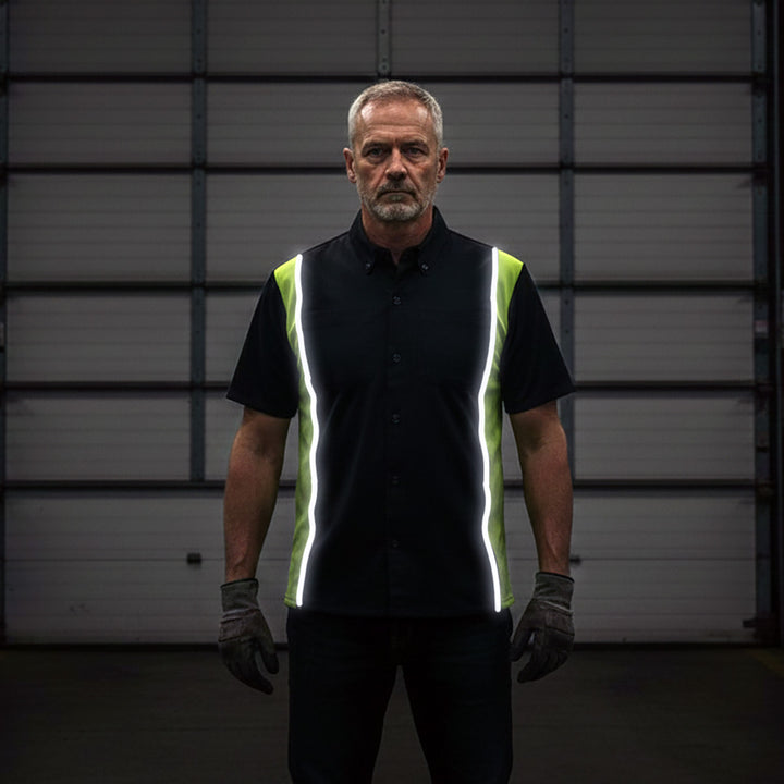 Milwaukee Motorcycle Clothing Co. Men’s Blk/Green Mechanic Work Shirt – w / Reflective Strip, Rider‑Built MDM11611