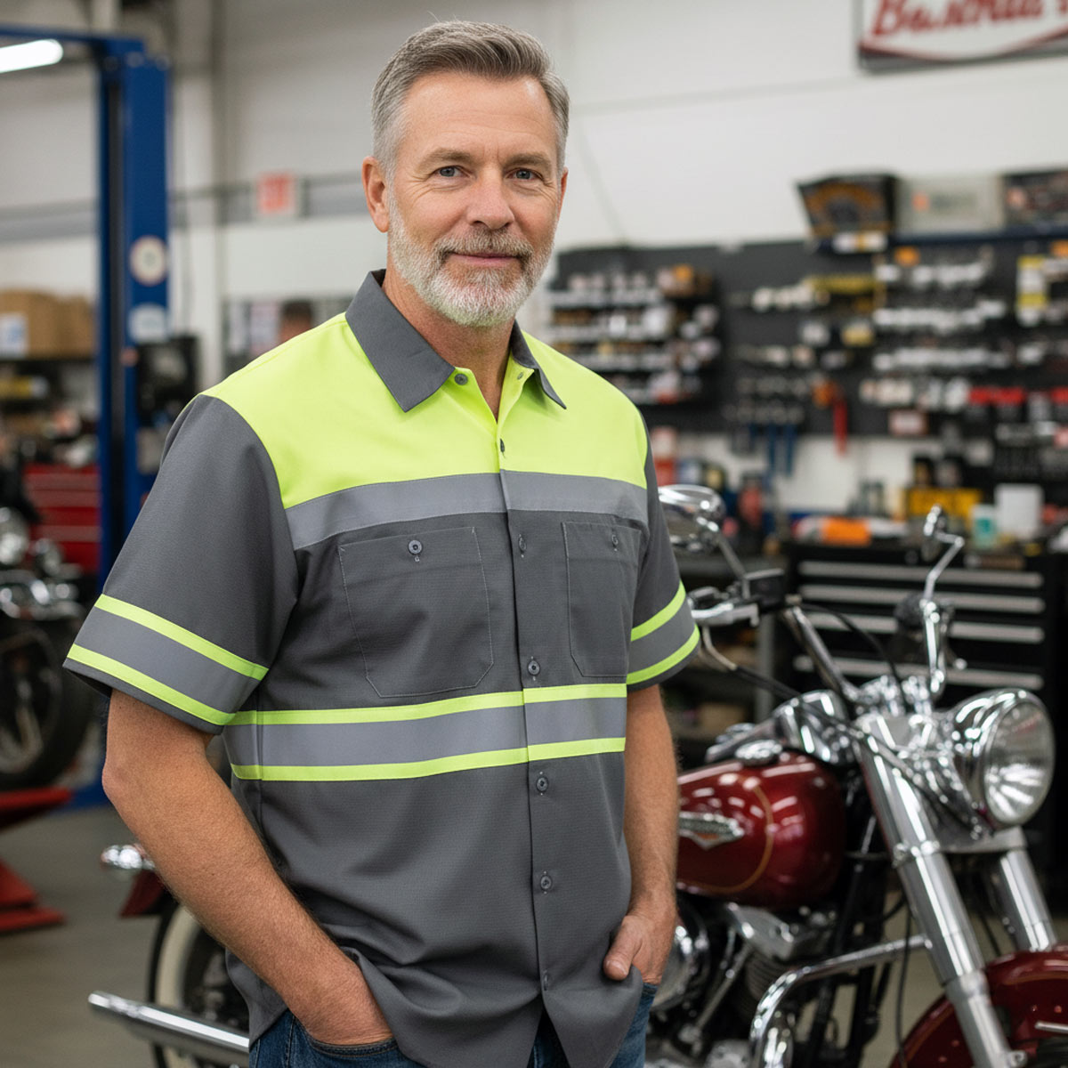 Milwaukee Motorcycle Clothing Co. Men’s Safeway Green/Grey Mechanic Rider Ready Shirt w/ Reflective Strip MDM11615