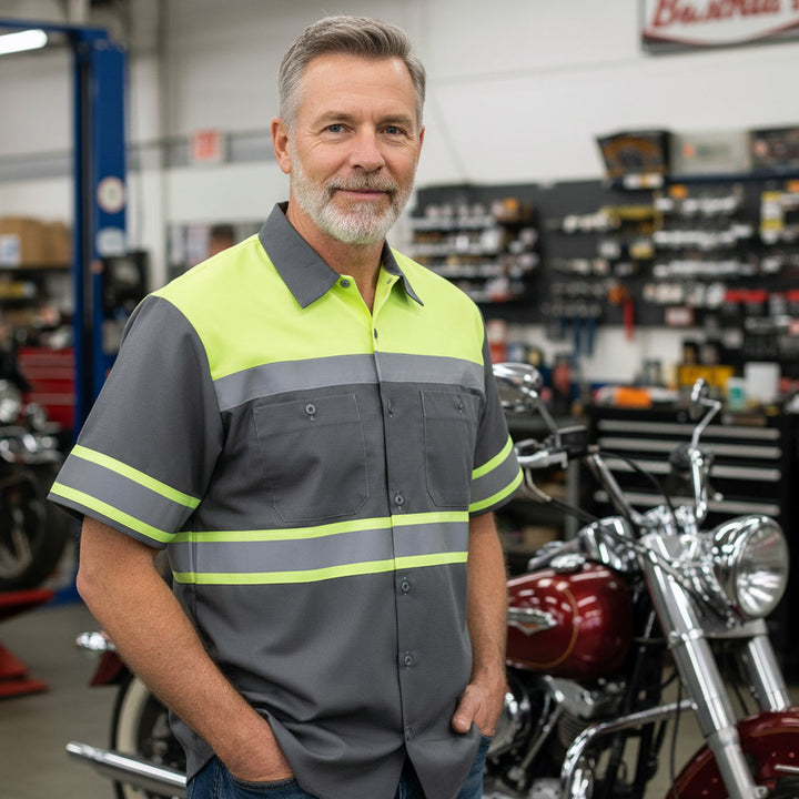 Milwaukee Motorcycle Clothing Co. Men’s Safeway Green/Grey Mechanic Rider Ready Shirt w/ Reflective Strip MDM11615