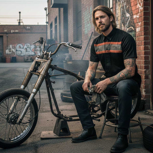 MMCC Men's Petro Mechanic Button Up Shop Shirt, Reflective Strip, 2-Chest Pockets - Black-Grey-Orange - MMC16008