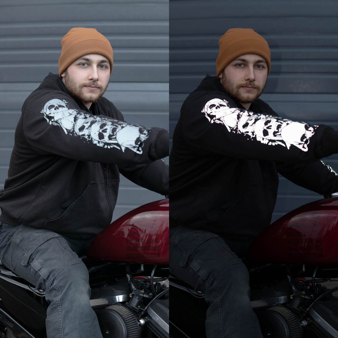 Milwaukee Leather Men's Bare Bones Black Reflective Skull CE Armored Riding Hoodie, Shoulder and Elbow Armor - MPM1797