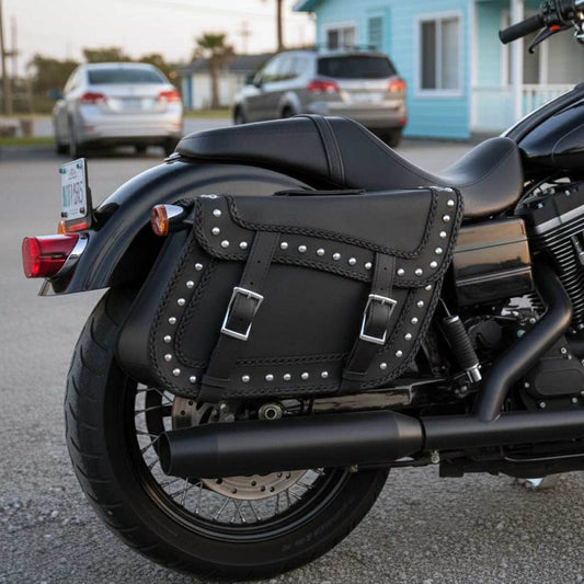 Milwaukee Leather SH66401ZB Black Large 'Studded and Braided' Zip-Off PVC Throw Over Motorcycle Saddlebags