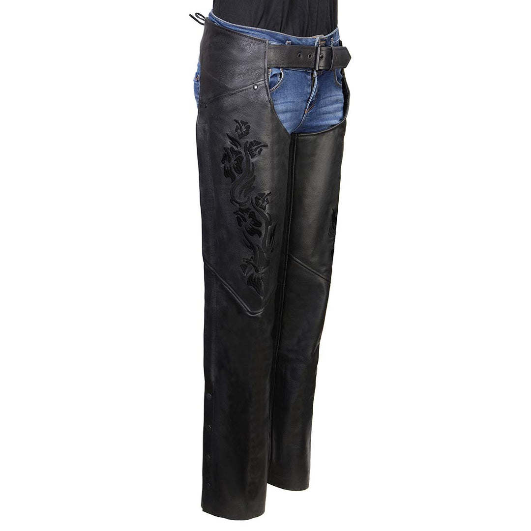 Milwaukee Leather Women's Leather Motorcycle Chaps w/ Embroidery Detail, Adjustable Fit Riding Gear - LKL16701
