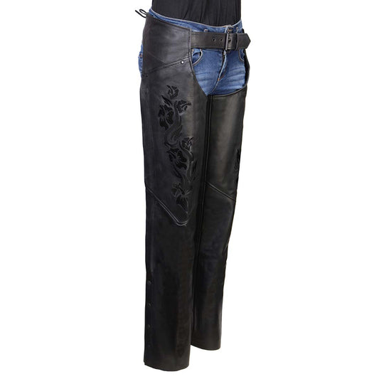 Milwaukee Leather Women's Leather Motorcycle Chaps w/ Embroidery Detail, Adjustable Fit Riding Gear - LKL16701