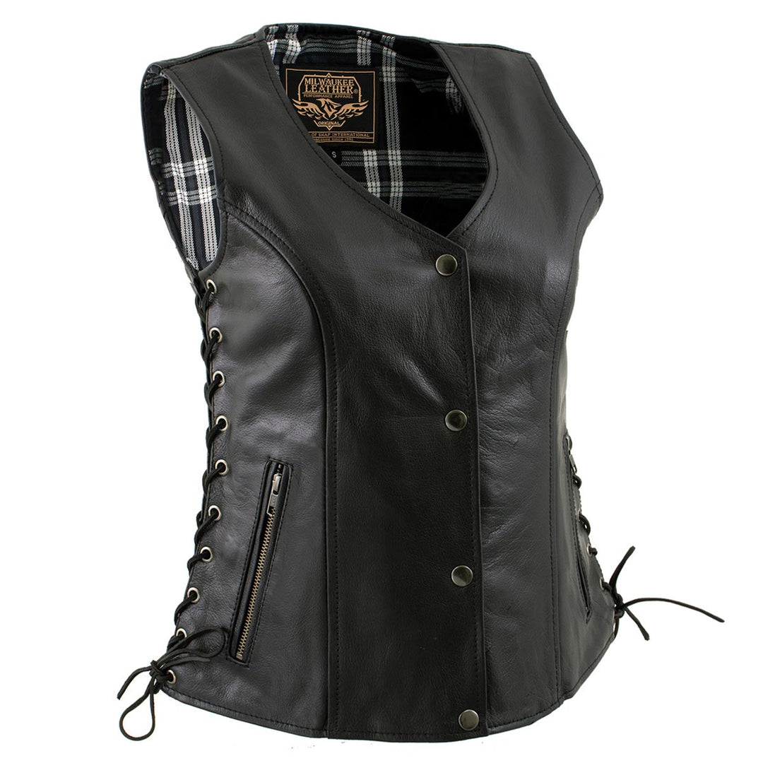 Milwaukee Leather LKL4710 Women's Black Premium Leather Motorcycle Biker Rider Vest w/ Snap Button Closure
